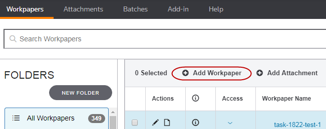 Screen capture showing the button Add Workpaper.